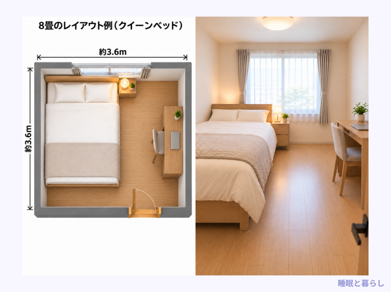 8畳にクイーンベッドを置いた場合