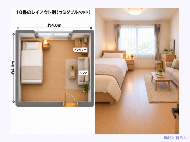 10畳にセミダブルベッドを置いた場合