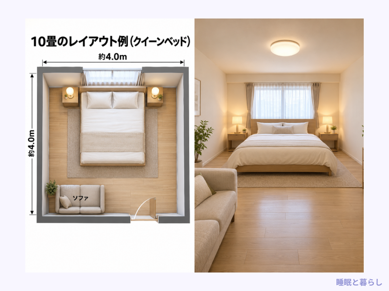 10畳にクイーンベッドを置いた場合