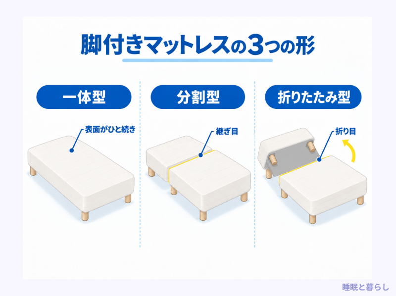 脚付きマットレスの一体型・分割型・折りたたみ型の比較